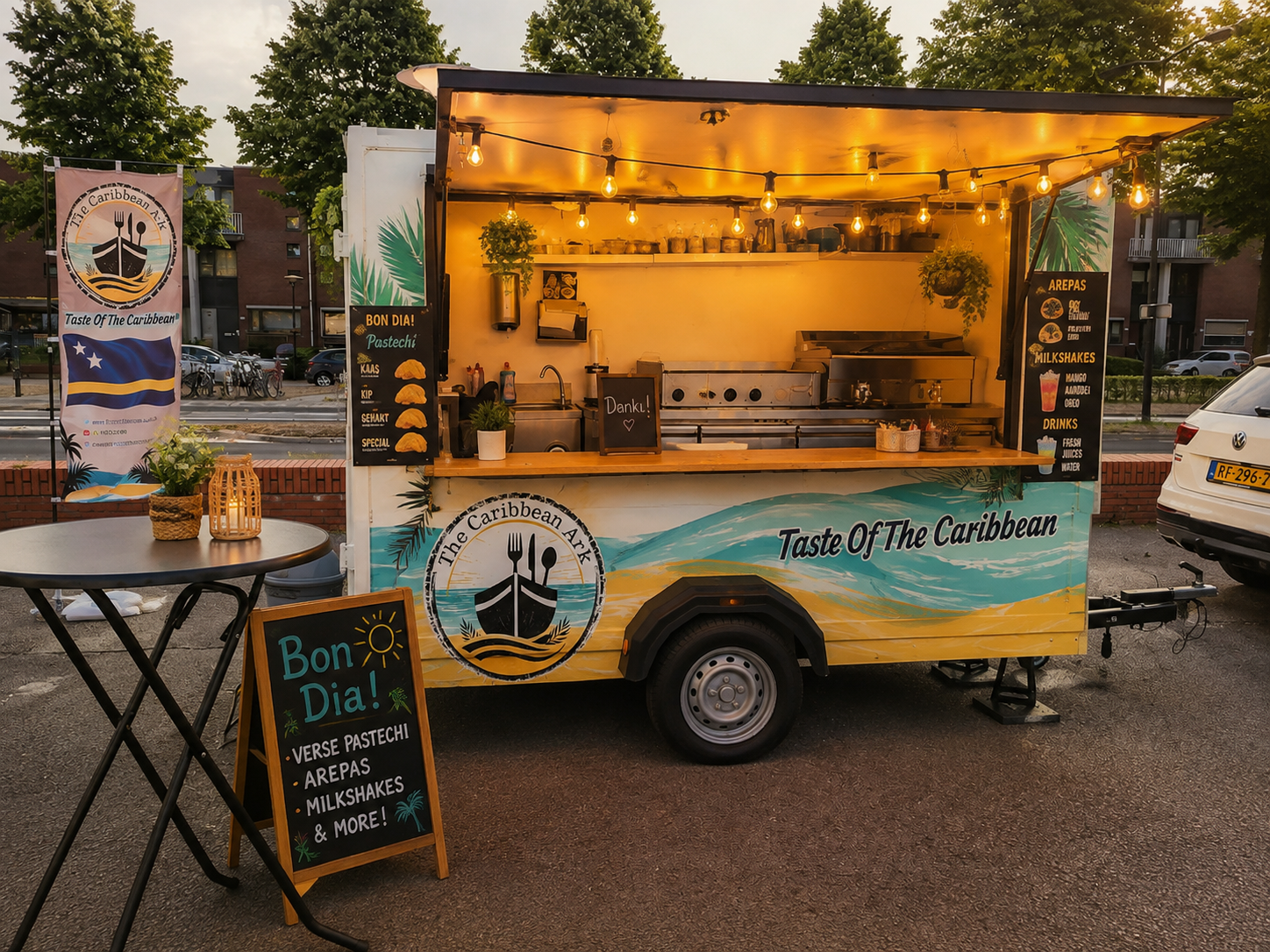 De Caribbean Ark foodtruck met wachtende klanten